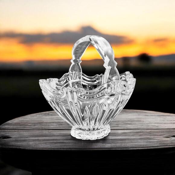Lenox Crystal Basket Swirl Cut Design Scalloped Handle Vintage 8